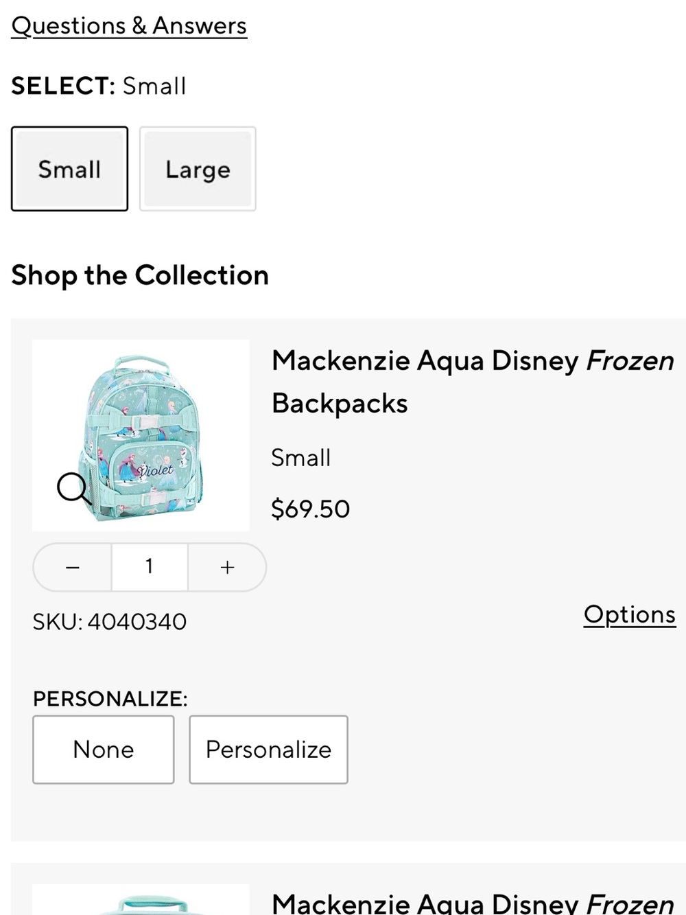 Pottery Barn Kids Mackenzie Aqua Disney Frozen backpack, size small - Picture 8 of 8